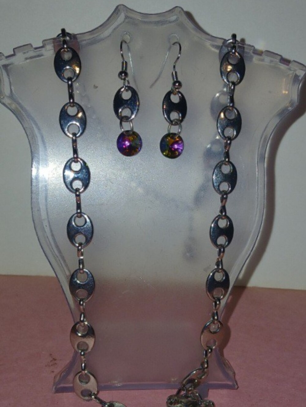 Hand CraftedWomen’s Silver-Tone Chain Necklace & Earrings Set with Purple Accent